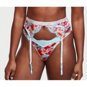 Victoria's Secret Very Sexy Shine Lace Garter Belt & String Bikini Sz XS Blue